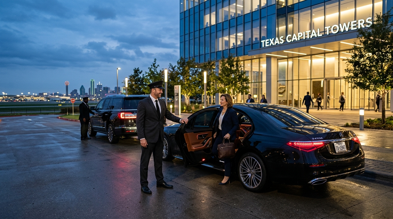 Executive luxury transportation and chauffeur service in Dallas outside a corporate building.