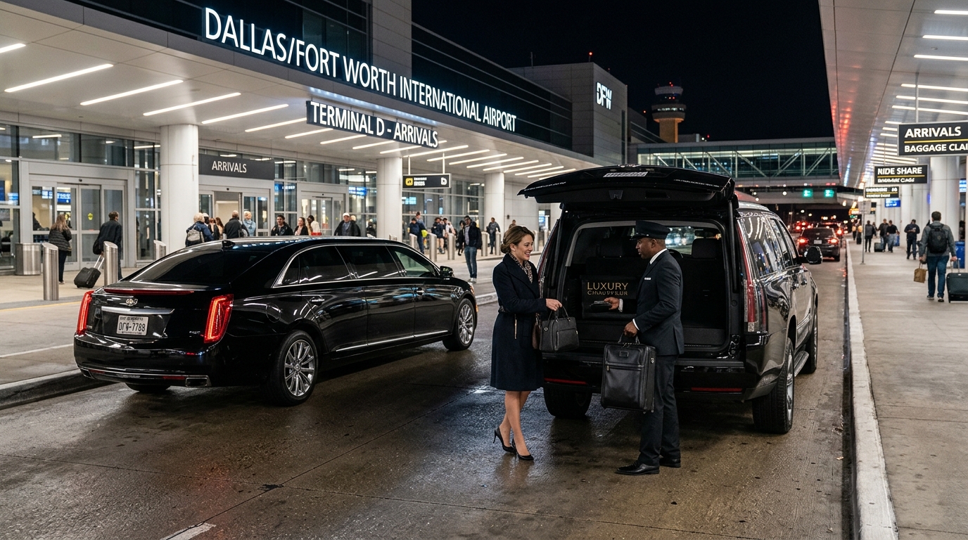 24/7 airport transportation and luxury chauffeur service at Dallas Fort Worth Airport terminal at night.